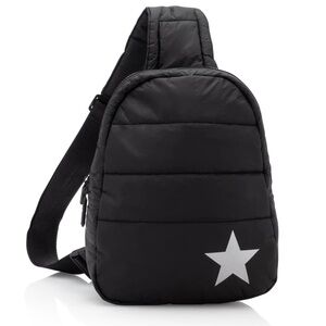 Black Quilted Sling Backpack with White Star